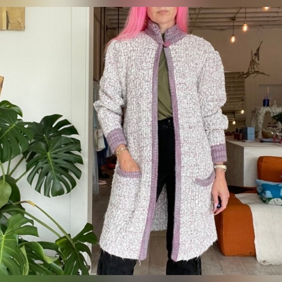 Vintage Retro 90s Y2K Knit Button front Long Cardigan sweater Gray Pink - Picture 2 of 11